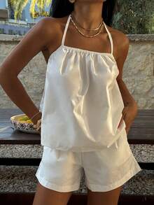 Unadoll Damen Sommer Casual Elegant Weiß Trägerhemd Zweiteiler, ärmelloses Top + Shorts, geeignet für Strand und Alltag - Weiss - Übersicht 4