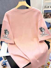 Women's Yoga Pattern Slogan T-Shirt, Fun Printed Short Sleeved Round Neck Casual Top, Spring And Summer Pink - Pink - View 3
