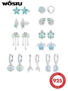 WOSTU 1件925纯银时尚海星海龟耳环，镶嵌锆石，铂金镀层海洋系列耳环，女士夏季派对首饰礼品 - 銀色 - 查看 2