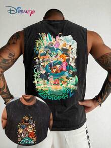 Disney Zootopia 2 Character Graphic Tank Top - 100% Washed Cotton - Front Judy Hopps & Nick Wilde Portrait With "Zootopia" Text / Back Panoramic Cityscape With Full Cast & "Zootopia 2" Logo - Distressed Grey Loose Fit Streetwear Sleeveless Shirt For Men & Women - màu đen - Xem 1