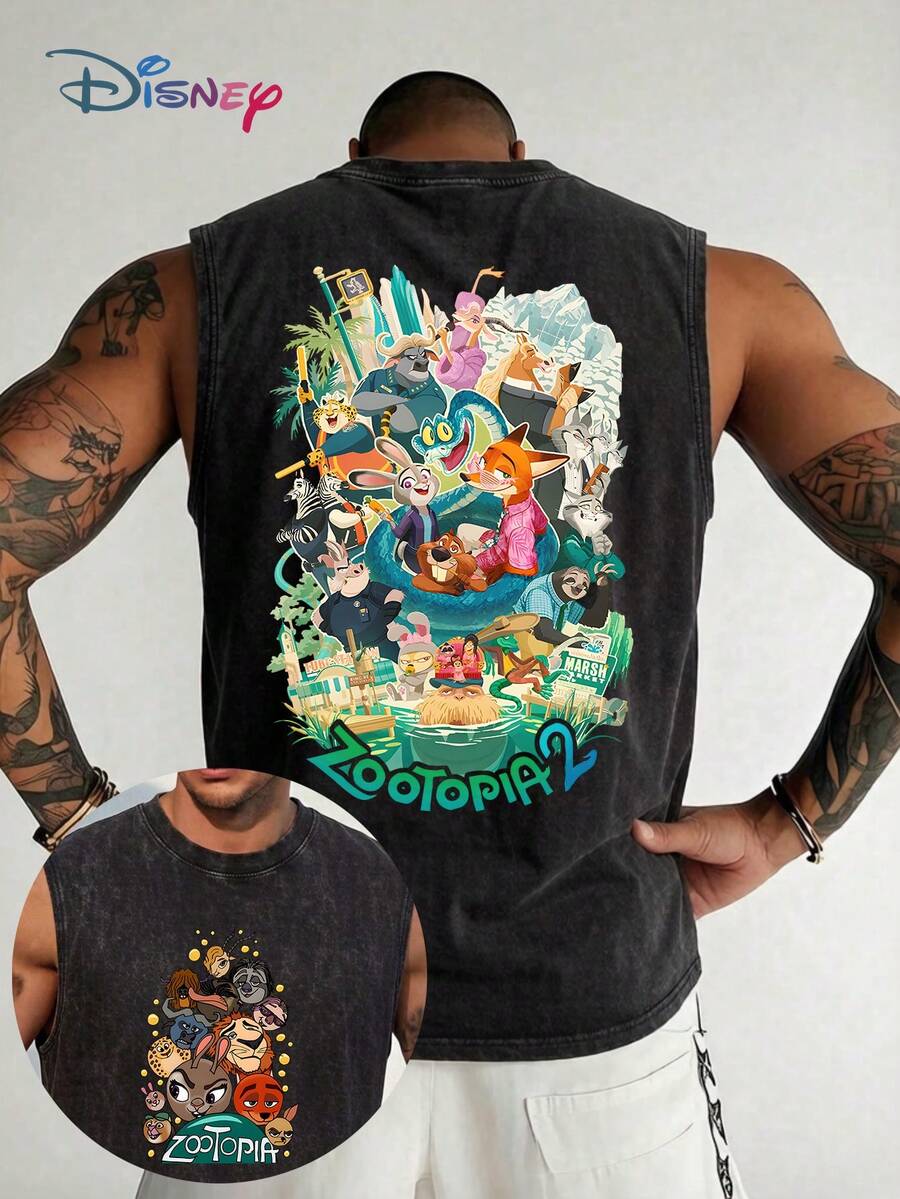 Disney Zootopia 2 Character Graphic Tank Top - 100% Washed Cotton - Front Judy Hopps & Nick Wilde Portrait With "Zootopia" Text / Back Panoramic Cityscape With Full Cast & "Zootopia 2" Logo - Distressed Grey Loose Fit Streetwear Sleeveless Shirt For Men & Women - màu đen - Xem 1