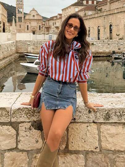 Blusa de manga larga holgada con cordones y rayas, estilo vintage, para mujer, color rojo