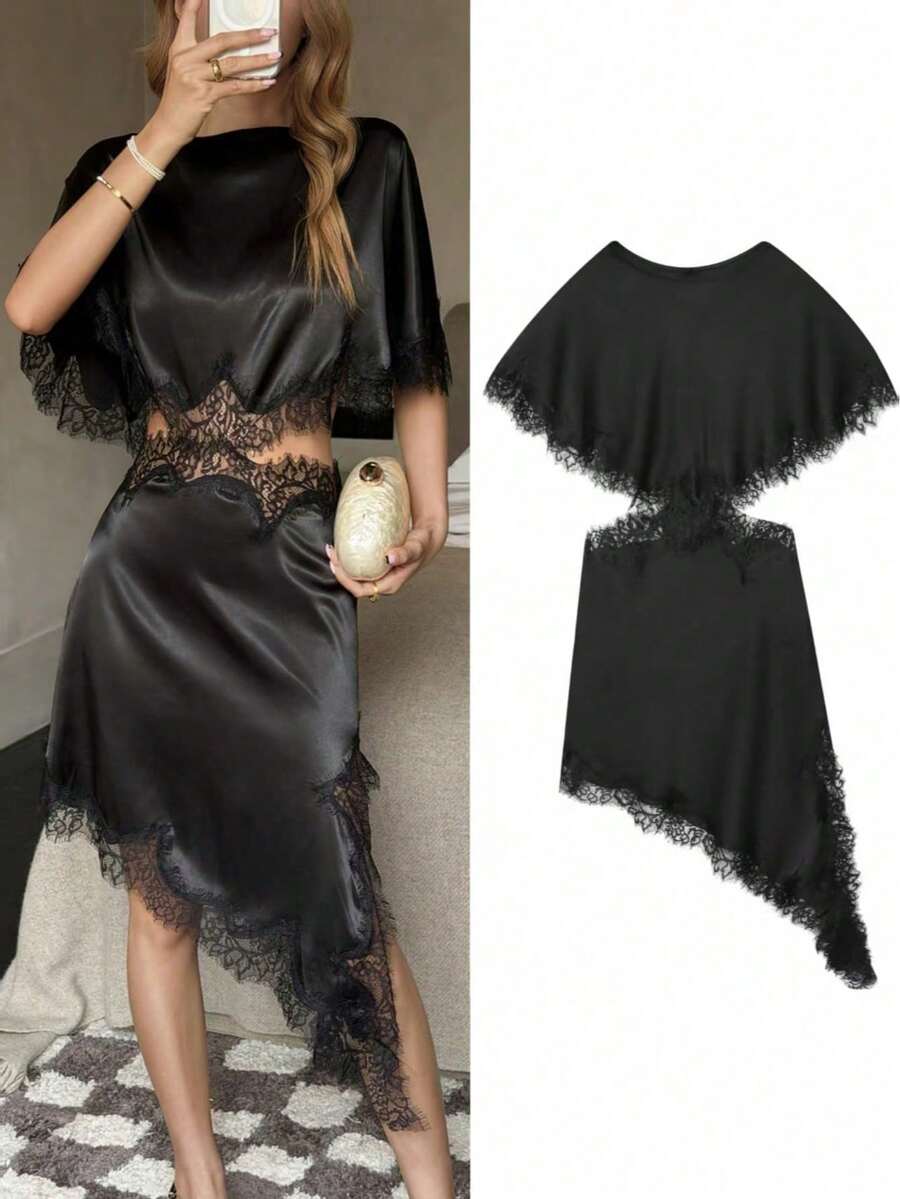 Đầm ngắn satin ren đen thanh lịch dành cho nữ | Đường viền bất đối xứng, xẻ tà, cổ cánh dơi - Thích hợp cho các bữa tiệc, sự kiện cocktail, trang phục mùa xuân/hè. - màu đen - Xem 1