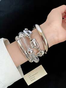 4pcs Metal & Acrylic Asymmetrical Geometric Bangle Set, Minimalist Casual Retro Elegant Bracelet Jewelry, Suitable For Daily, Gathering, Date, Party Wear - Silver - View 2