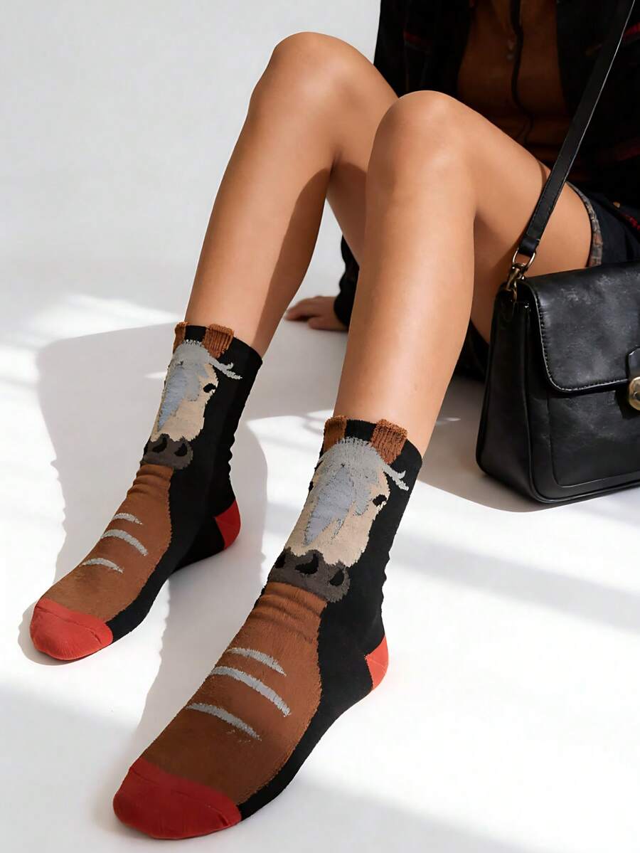 Women's Cartoon Animal Print Street Style Skateboard Mid-Calf Socks - Black - View 1