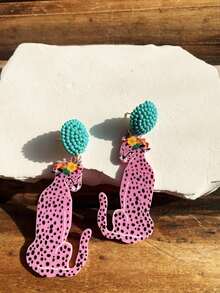 Statement Earrings - Handmade Seed Beaded Stud With Pink & Yellow Acrylic Leopard Cat Cheetah Animal Earrings, Tropical Rainforest Style Dangle Earrings - Perfect Valentine's Day, Couple, Or Friends Gift For Women And Girls, Suitable For Summer Vacation, Beach Party, Or Music Festivals Valentines - 粉色 - 查看 8