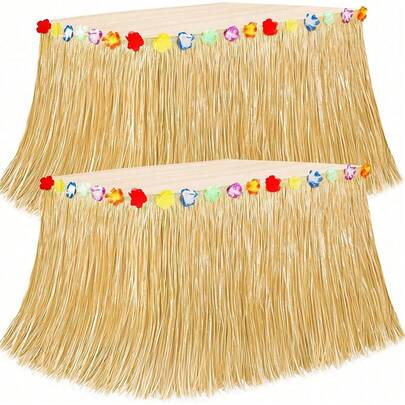 黄色夏威夷风情派对桌裙，夏威夷编织桌裙，夏威夷装饰桌裙，适合热带夏威夷主题派对服装、派对装饰、沙滩派对、泳池派对、装饰桌裙、夏威夷主题生日派对