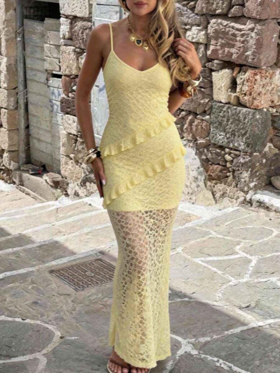 Women's Sexy Light Yellow Spaghetti Strap V-Neck Lace Mesh Ruffle Hem Detail Slit Fitted Dress, Suitable For Vacation, Beach, Date Summer - Yellow - View 1