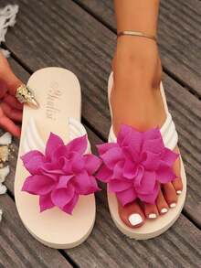 Summer New Thick-Soled Slippers, Lightweight And Comfortable Flip-Flops, Solid Color, Available In Large Sizes (36-45), Flower Beach Sandals - 卡其色 - 查看 9