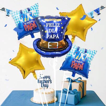 5pcs Spanish Father's Day Balloon Set, Includes Father's Day Trophy Balloon, Top Hat Balloon, 18inch Star & Square Balloons, "I Love Dad" Banner, Suitable For Father's Day Party, Dad's Birthday Decoration, Best Father's Day Balloons, Indoor & Outdoor Decor