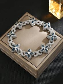 1 Piece Iced Out Colorful Eye Infinity Link Bracelet For Men Prong Setting Plated Hip Hop Jewelry The Four Leaf Clover Element Symbolizes Luck, And The Overall Design Conveys The Expectation Of Multiple Good Luck - 四葉草款 - 查看 2