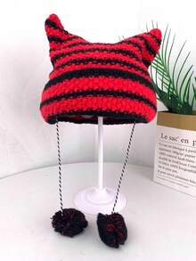 1 chiếc mũ len tai mèo sọc đen trắng dễ thương, ấm áp và phong cách Y2K dành cho nữ mùa thu/đông. - Nhiều màu - Xem 5