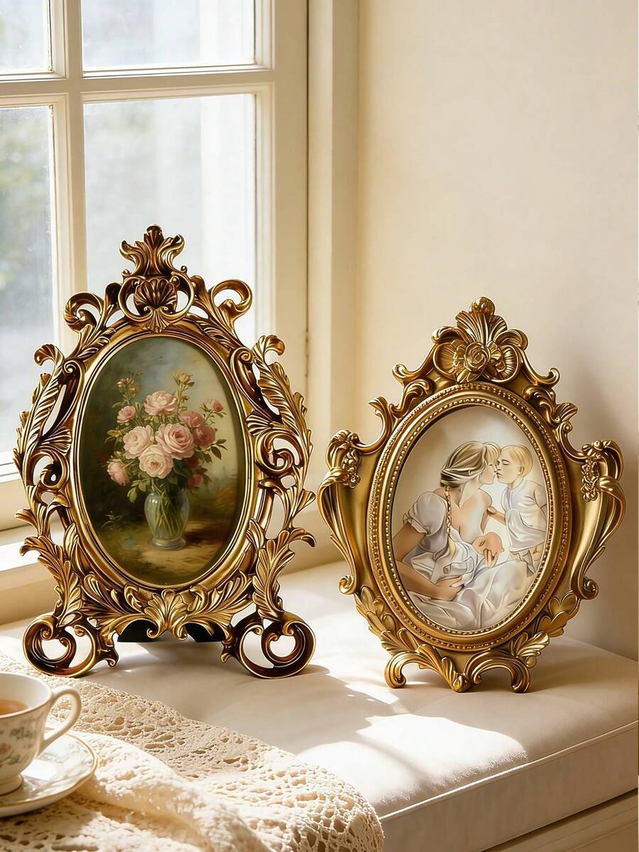 1pc Vintage Oval Photo Frame With Stand, Delicate Gold Carved Decorative Frame, Suitable For Displaying Photos, Artworks, Postcards, For Indoor Decor, Home, Birthday, Kitchen, Wedding, Bedroom, Living Room, Gift, Party - Multicolor - View 1