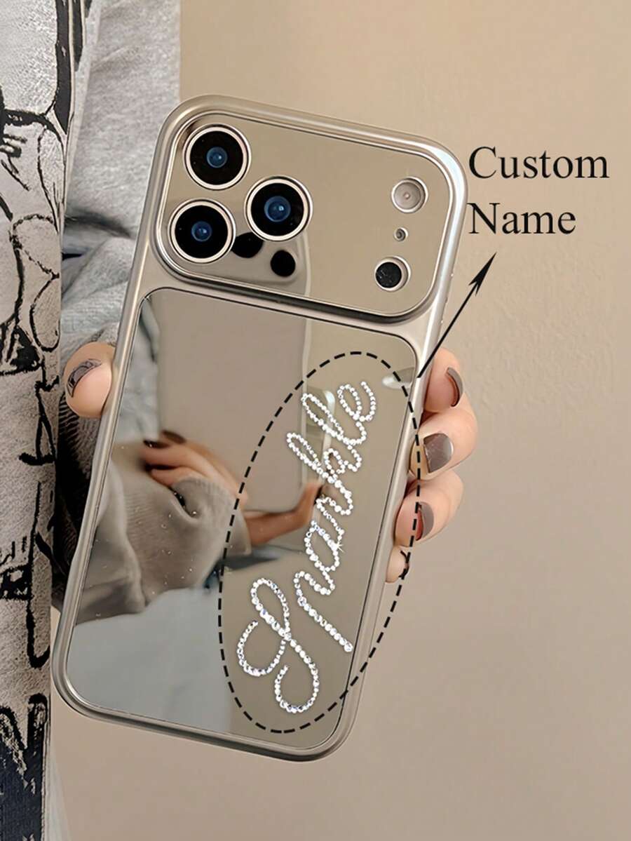 [Tùy chỉnh] Ốp lưng điện thoại có gương trang điểm đính đá lấp lánh, in tên cá nhân, tương thích với iPhone 17 16 15 14 Plus 13 12 11 Pro Max 17Air, chống rơi vỡ và bảo vệ mặt sau.