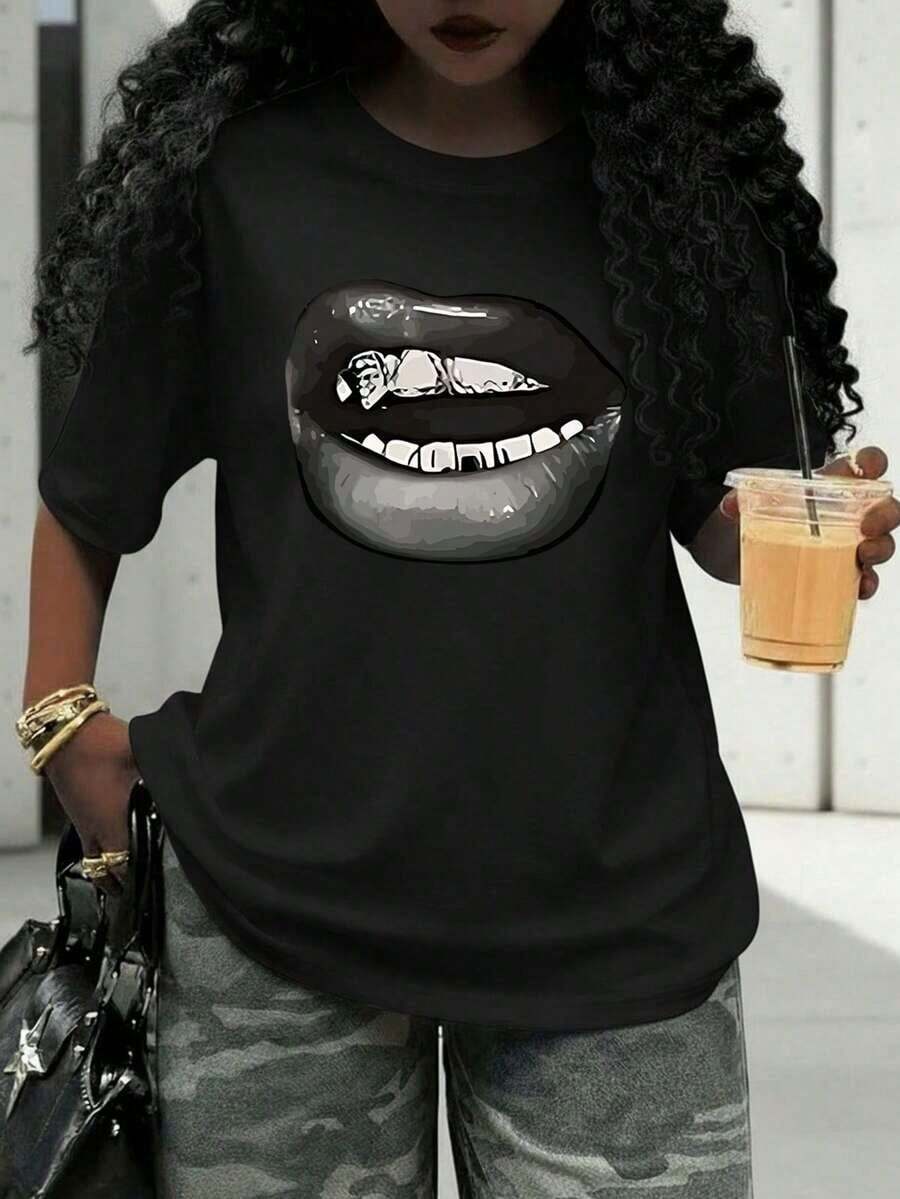Blusas femininas, camiseta feminina de manga curta e modelagem solta, moderna e casual para o verão. - Preto - Ver 1