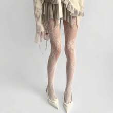 1 Pc Of Women's Floral Lace Tights/Stockings, Fishnet Socks, High-Waisted Slim-Fit Design, Available In Large Sizes, Suitable For Various Occasions, Ideal As A Christmas Gift. - Hoa hồng trắng - Xem 6