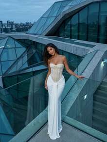 Women's Corset Strapless Evening Gown With Ruffle Tie And Lace Panel, Party Dresses For Holiday Party And Formal Occasions - trắng - Xem 1