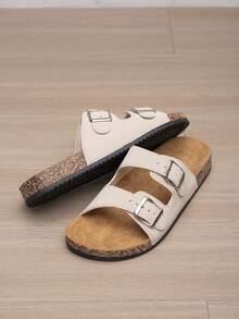 1 Pair Summer Breathable Unisex Cork Sole Double Strap Sandals, Beige/Pure Black, Faux Leather Upper + Soft Cork Cushioned Insole, Adjustable Metal Buckle Design, Suitable For Commuting, Beach, Casual Wear, Urban Youth Birkenstocks Style Slip-On Slippers, New Summer Men's High-End Fashion Versatile Business Sandals, Plus Size Comfortable Double Buckle Adjustable Casual Outdoor Non-Slip Breathable Beach Slippers - Beige - View 7