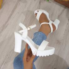 Giày sandal nữ, giày cao gót đế dày, sandal cao gót quai khóa bằng da PU, giày thời trang đi biển, giày cưới, mùa xuân/hè. - trắng - Xem 14