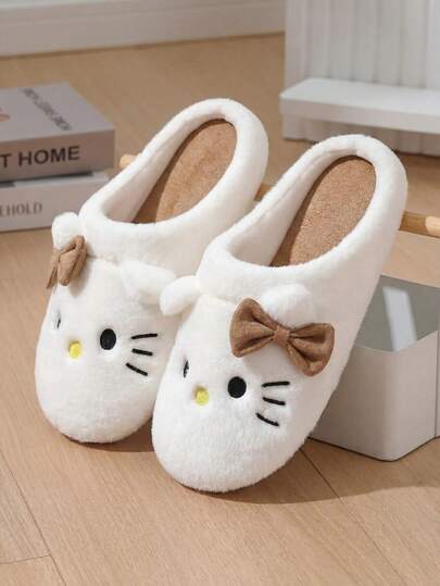 SANRIO 三丽鸥  女士可爱猫咪蝴蝶结拖鞋，舒适毛绒室内平底拖鞋，冬季必备