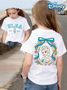 Disney Princess Elsa Print, Frozen Floral Wreath Bow Short Sleeved, Paired With A Large Blue Bow, Sweet And Dreamy Print Pattern Summer Tops,Short-Sleeved Casual And Cute Style  Children's Clothing Design, Boy Clothes For Kids ,Ropa Para Niños,Boy Clothes For Kids,Graphic Tee, Summer Clothes,Perfect For Cool Boy. Comfortable And Breathable Children's Short-Sleeved T-Shirt. Comfortable And Casual Wear All Year Round 180g Pure Cotton Children's Clothes,Comfortable & Lightweight, Iconic Print For Mix-And-Match Outfits,Suitable For Both Boys And Girls. - trắng - Xem 2