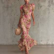 2026 New Style Puff Sleeve Printed Slim Fit Long Dress Fashionable Pleated Dress - 印花色 - 查看 6
