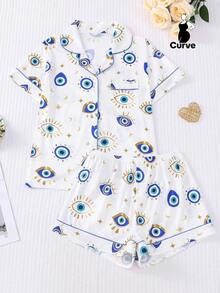 2 件套女士加大码酷炫浅蓝色眼睛印花睡衣套装，柔软短袖衬衫带领和纽扣，松紧腰短裤，时尚睡衣，适合日常、节日派对、休闲家居和户外穿着 - 藍色 - 查看 1