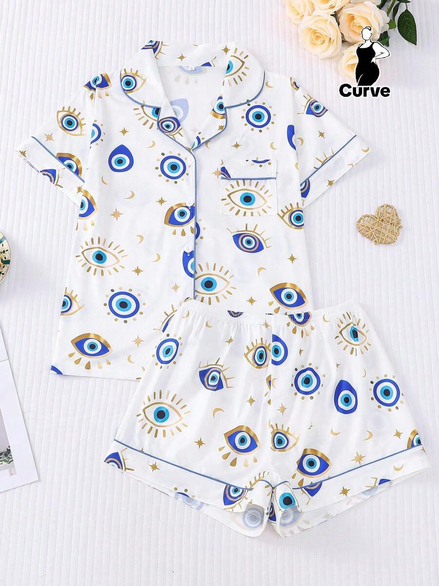 2 件套女士加大码酷炫浅蓝色眼睛印花睡衣套装，柔软短袖衬衫带领和纽扣，松紧腰短裤，时尚睡衣，适合日常、节日派对、休闲家居和户外穿着 - 藍色 - 查看 1