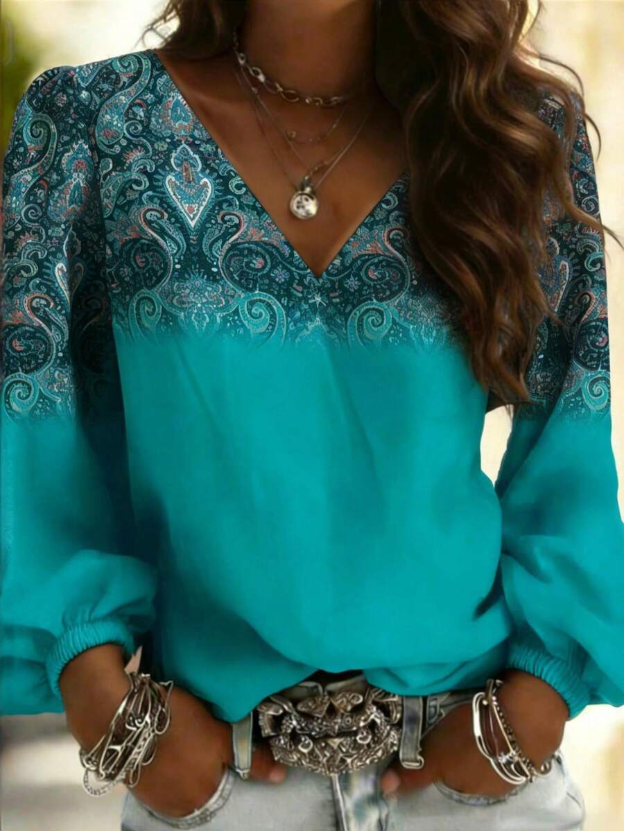 Women's Bohemian Style Green Floral V-Neck Loose Long Sleeve Top, Elegant Pattern T-Shirt, Casual Daily Wear, Spring/Summer Outdoor/Beach Outfit - Mint Blue - View 1
