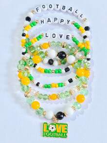 5pcs/Set World Cup Football Faux Pearl Cheer Letter Bracelet Set, Fashionable Personalized Jewelry Gift Suitable For Daily Outfit, Perfect For Party And Holiday, Multifunctional Accessory For Women Casual And Vacation Wear - Multicolor - View 3