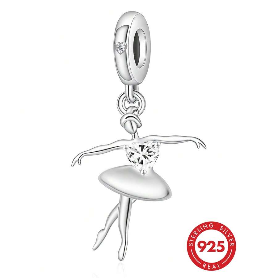 1pc 925 Sterling Silver Minimalist Dancing Figurine Cubic Zirconia Pendant, Unisex Birthday Gift - Silver - View 1