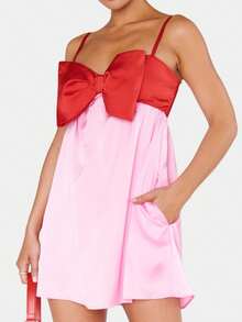 Women's Cami Dress Adjustable Spaghetti Strap Bowknot Decor Front Sweetheart Neck Slip Short Dress Silk Satin High Waist Contrast Color Summer Mini Dress Formal Cocktail Party Prom Dresses - 粉色 - 查看 3