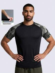 Men's Fitness Compression Shirt, Black Camouflage Sports T-Shirt, Elastic Breathable Quick-Dry, Suitable For Training, Running, Basketball And Daily Wear - Multicolor - View 2