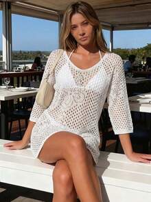 Đồ bơi mùa hè, Áo khoác ngoài đi biển dáng rộng cổ chữ V bằng vải dệt kim dành cho nữ, thiết kế khoét eo. - trắng - Xem 2