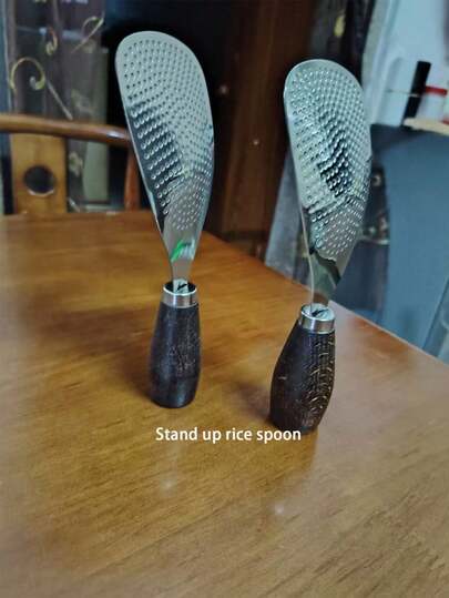 1pc Stainless Steel & Wooden Handle Rice Spoon, Household Rice Serving Spoon, Heat Resistant Non-Stick