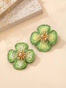 1 Pair Handmade Bohemian Raffia & Metal Hollow Floral Bicolor Earrings, Naturalistic Style Suitable For Beach Vacation, Music Festival, Party, And Daily Wear - Green - View 2