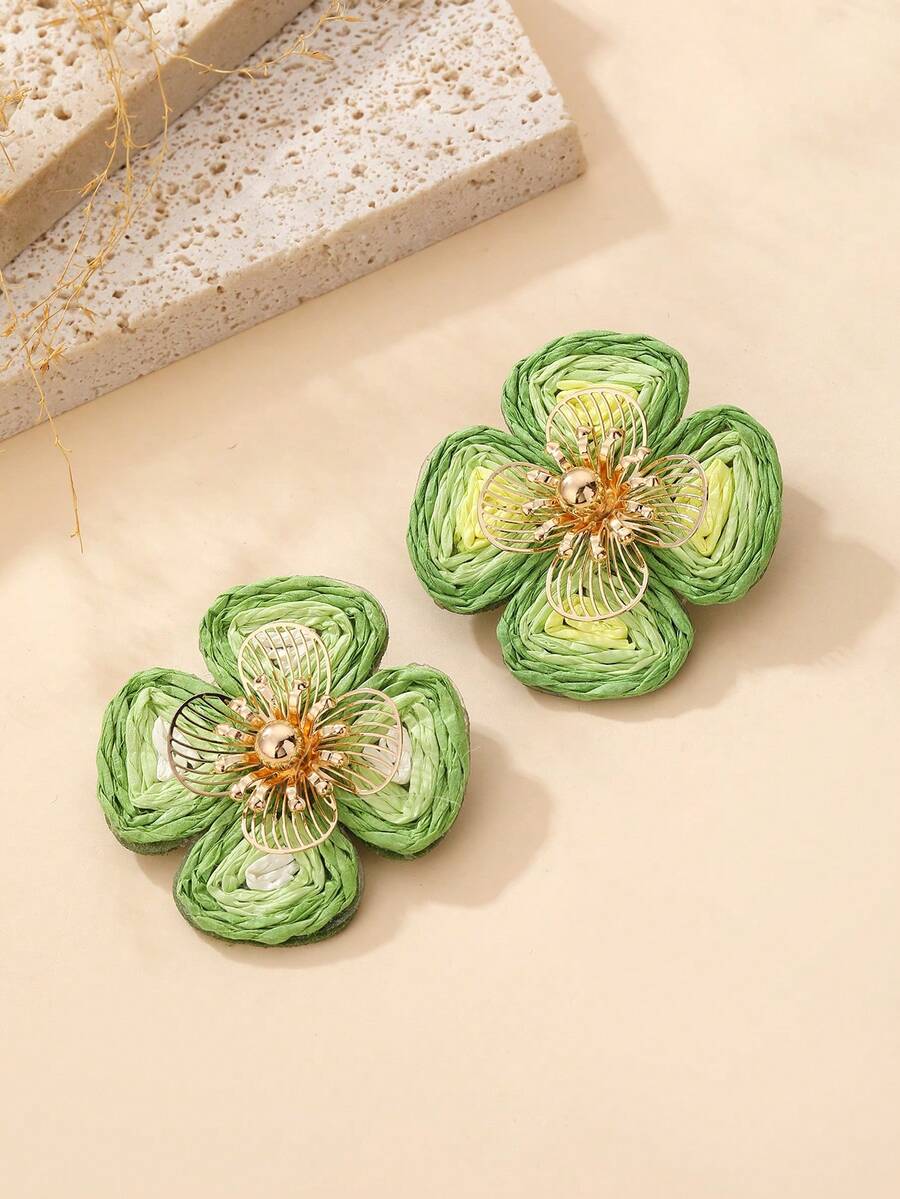 1 Pair Handmade Bohemian Raffia & Metal Hollow Floral Bicolor Earrings, Naturalistic Style Suitable For Beach Vacation, Music Festival, Party, And Daily Wear