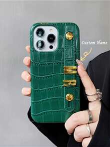 個性化奢華仿鱷魚皮金屬3D字母肩帶PU皮革手機殼，適用於Apple 17 16 15 14 13 12 11 Pro Max 14 15 16 Plus 17，客製化姓名，極簡防指紋情侶手機套，情人節/生日/節日送給他/她的禮物 - 粉色 - 查看 9