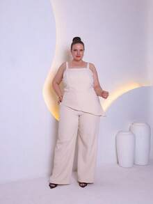 Women's Plus Size Tailored Set Consisting Of A Blouse And Wide-Leg Trousers C3090-2 - 米色 - 查看 1