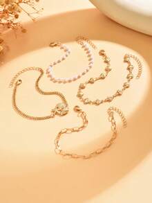 4pcs/Set Beach Vacation Style Golden Shell Handmade Chain, Versatile Faux Pearl Anklet With Alloy Starfish & Shell Decor, Suitable For Daily Wear And Holiday Travel, Chain Length Customizable - Multicolor - View 3