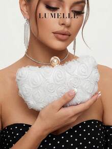 Túi xách dự tiệc sang trọng dành cho nữ, chất liệu lưới 3D họa tiết hoa hồng, ví cưới lấp lánh với khóa hình trái tim đính ngọc trai và đá quý, khung mạ vàng, thích hợp cho dạ hội, hẹn hò. - Bạc - Xem 8