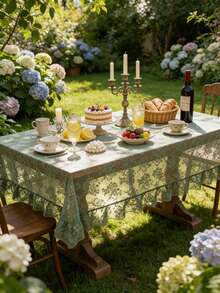 1pc French Countryside Style Floral Lace Trim Tablecloth, Holiday Decor - Green - View 4