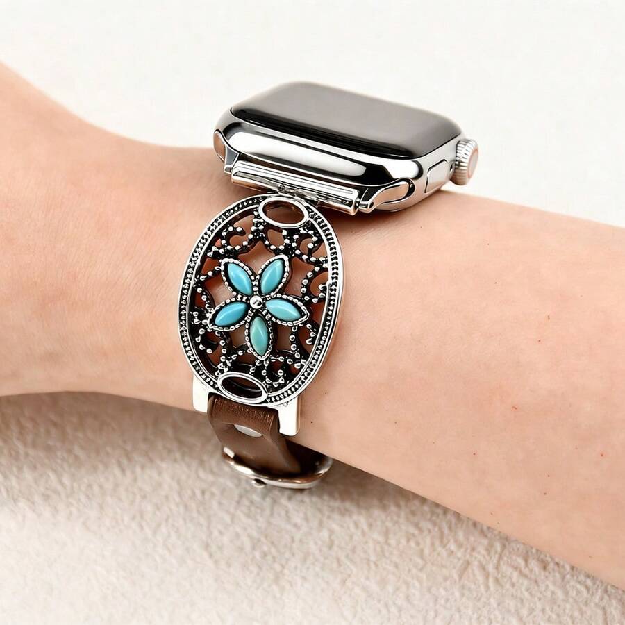 1 chiếc dây đeo kim loại bằng da màu ngọc lam cổ điển tương thích với Apple Watch Ultra 2 SE 10 9 8 7 6 5 4 3 2 1 Series, Dây đeo vòng tay hoa cúc bạc tương thích với Apple Watch 38mm 40mm 41mm 42mm 44mm 45mm 46mm 49mm - Bạc - Xem 1