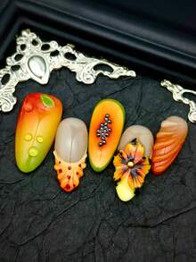 SO GORGEOUS Of 100% Handmade She Nails DIY Acrylic Nail Kit Cute Baroque Y2K Goth Nail Art Look With 10pcs Middle Westen American And Europen French Tip Glossy Shinning Metallic Yellow Nails Green Nails Medium Long Almond Shapede Acrylic Handmade Press On Nails With General Field Handpainted Blendig Dots Handcraved 3D Flowers And Papaya Pawpaw Paired With Shell Fragments Suitable For Sexy Cool Women And Girls For Parties Dress Up Wear With Free Gel Sticker Nail File. - 彩色 - 查看 6