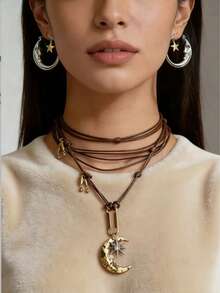 Bộ 1 dây chuyền và bông tai bằng dây sáp nhiều lớp hình ngôi sao và mặt trăng phong cách Bohemian cổ điển dành cho nữ, dây chuyền kiểu Gothic Y2K có thể điều chỉnh, phụ kiện thiết kế độc đáo. - Dây chuyền + Hoa tai - Xem 2
