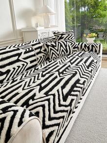 1件条纹绒面沙发垫套，简约柔软棉法兰绒长方形沙发套，带防滑边，宠物友好，可机洗，适合春冬季使用 - 黑色 - 查看 5