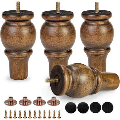 Bộ 4 chân bàn ghế gỗ màu nâu, cao 6 inch, dùng thay thế cho ghế sofa, tủ, kệ, bàn trang điểm, chân đế tivi, chân giường, kèm tấm gắn và ốc vít (6 inch)