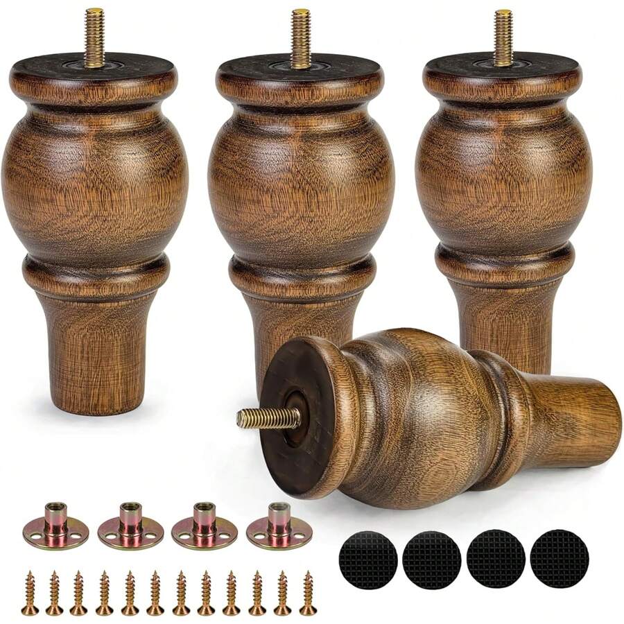 6英寸木制家具腿套装（4个），沙发替换腿，棕色实木家具脚，适用于扶手椅、沙发、橱柜、梳妆台、脚凳、电视柜、床腿，带安装板和螺丝（6英寸）
