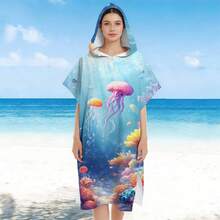 1pc Soft Hooded Beach Towel With Jellyfish Print, Wearable Beach Robe, Oversized Cute Anime Pool Towel, Super Absorbent Microfiber Beach Blanket, Birthday Gift - Style1 - View 1