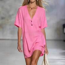 Women's Dress Casual Loose Fit Short Sleeve Button Front Dress Summer Lightweight Outfit - 橘紅色 - 查看 3